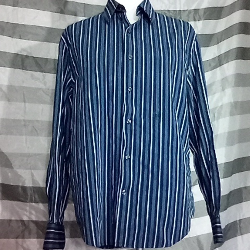 Perry Ellis Medium Men's Long Sleeve Button Up Dress Shirt Blue/White Stripes - Picture 5 of 8